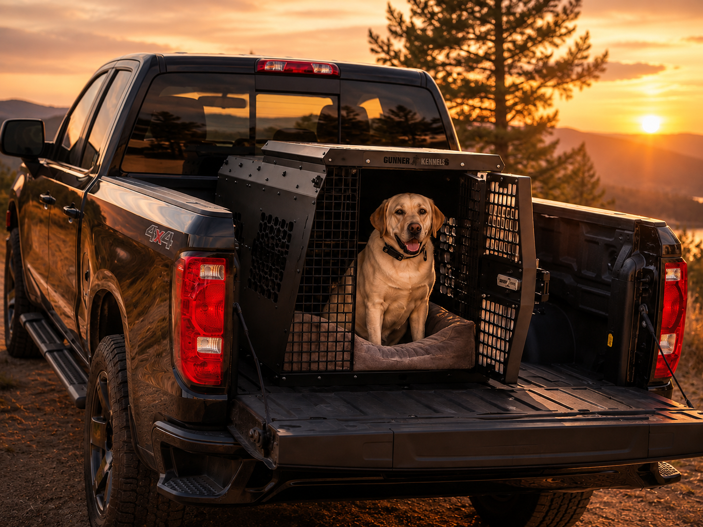 caisse à chien pick up dans la benne d’un pick-up, chien assis en sécurité