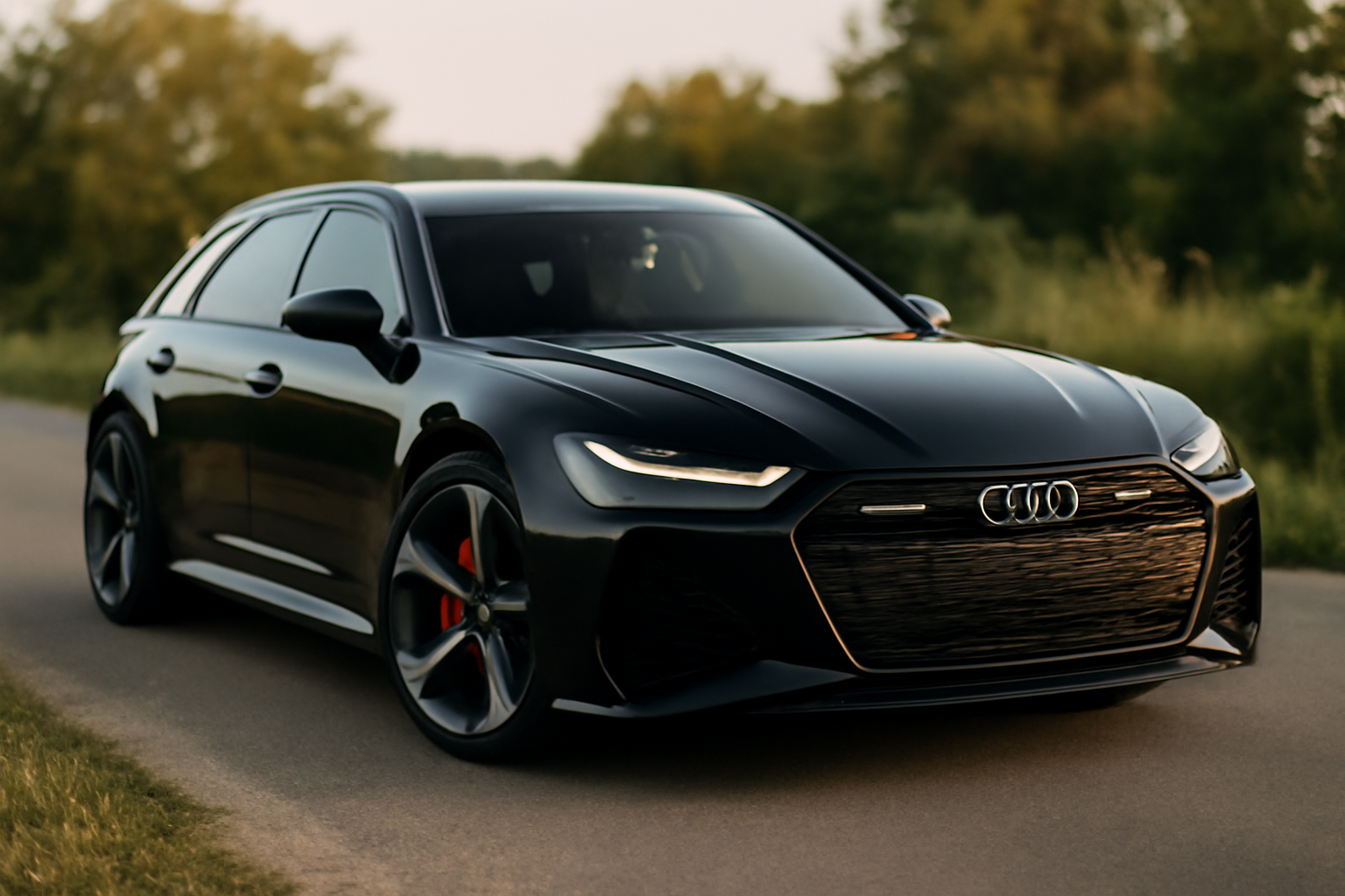Audi RS6 automobile noire en configuration RS sur route, freins et jantes visibles