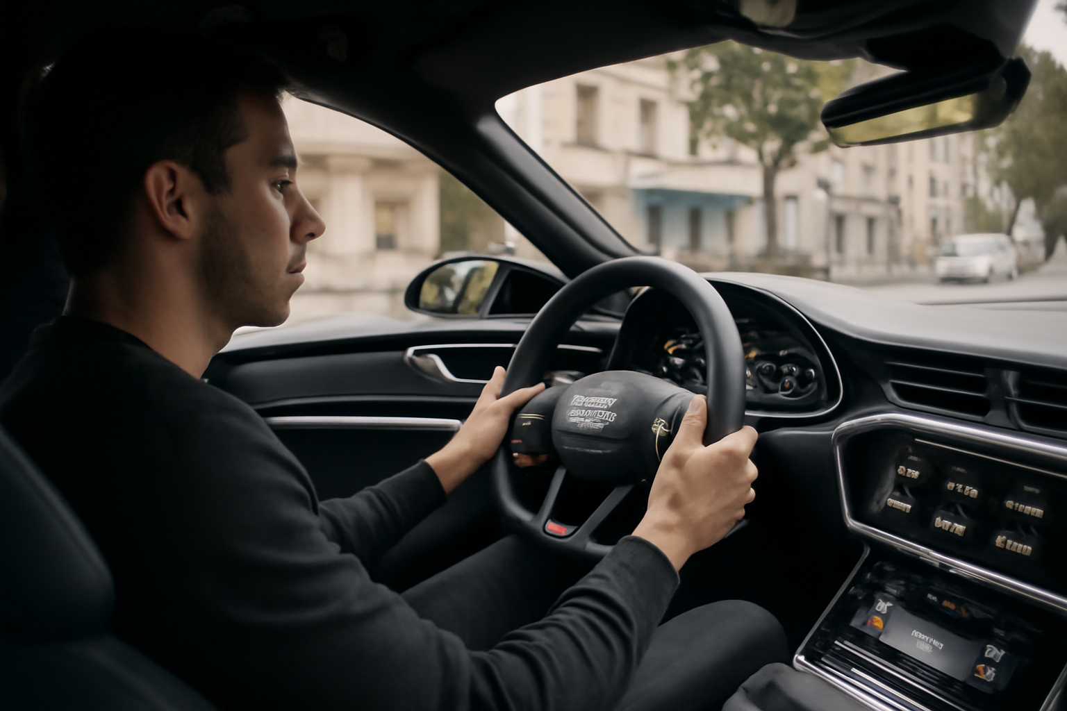 Essai Audi RS6 automobile sur route avec conducteur au volant et contrôle du tableau de bord
