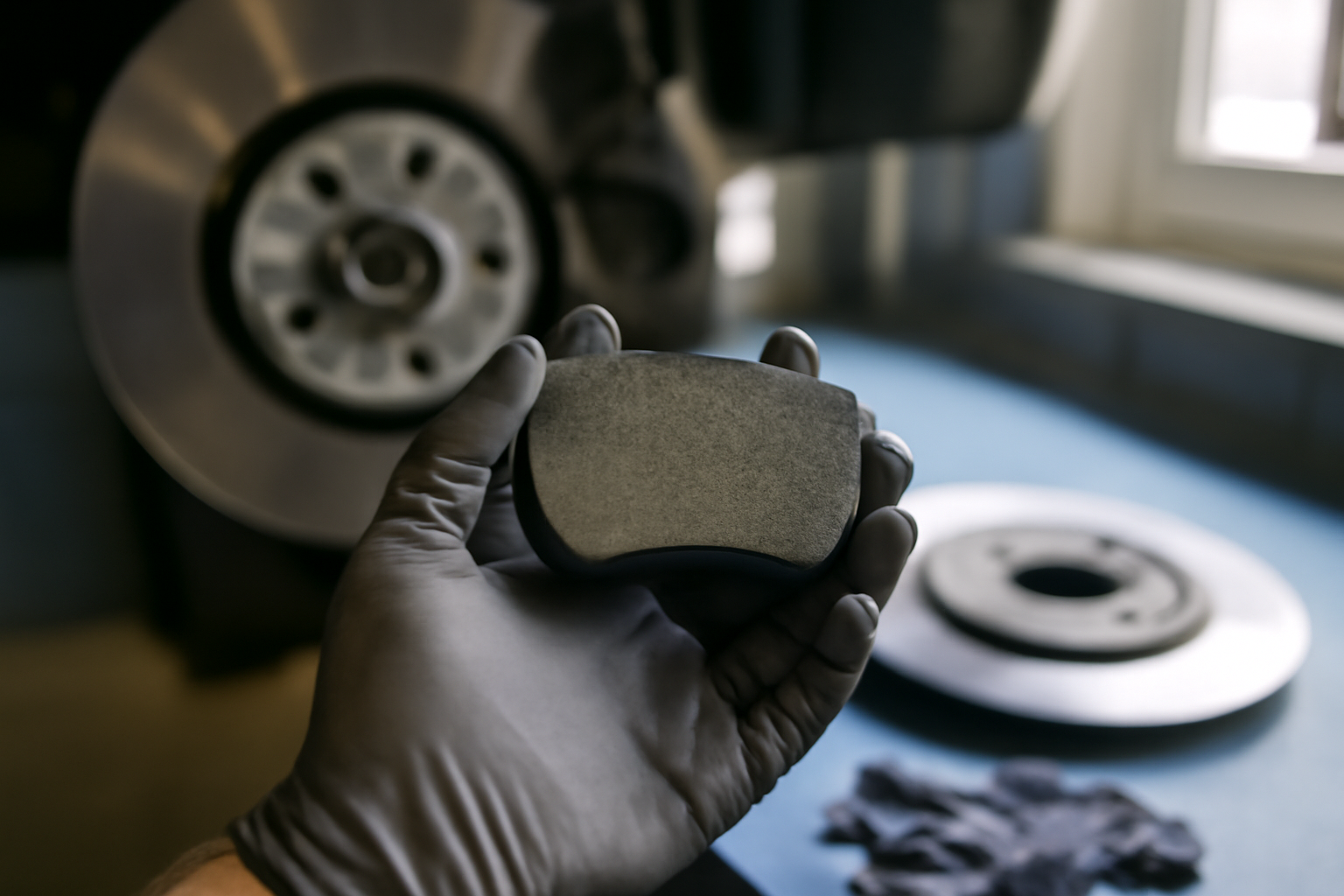 Vue rapprochée d’une main tenant une plaquette de frein neuve devant un disque, atelier, lumière naturelle