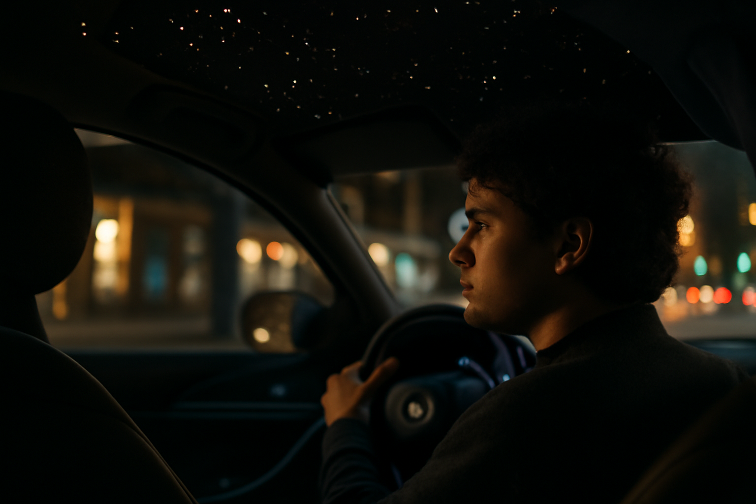 Intérieur de voiture avec ciel étoilé à fibres optiques, nuit urbaine, rendu scintillant réaliste