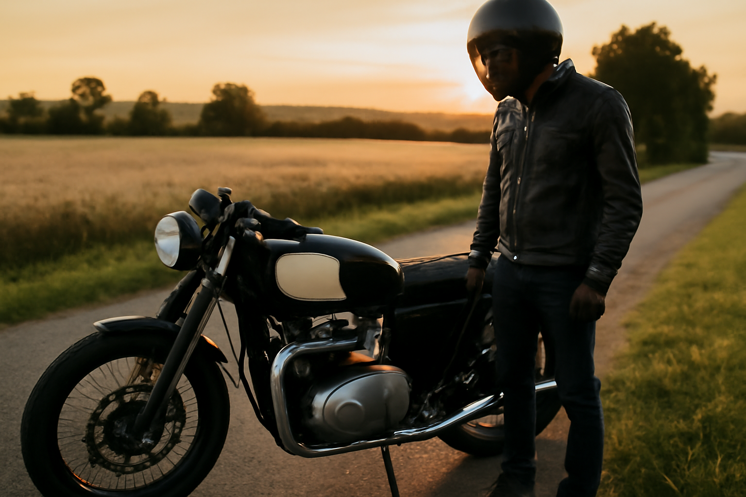 Café racer en bord de route au coucher du soleil, moteur visible et pilote portant un casque intégral