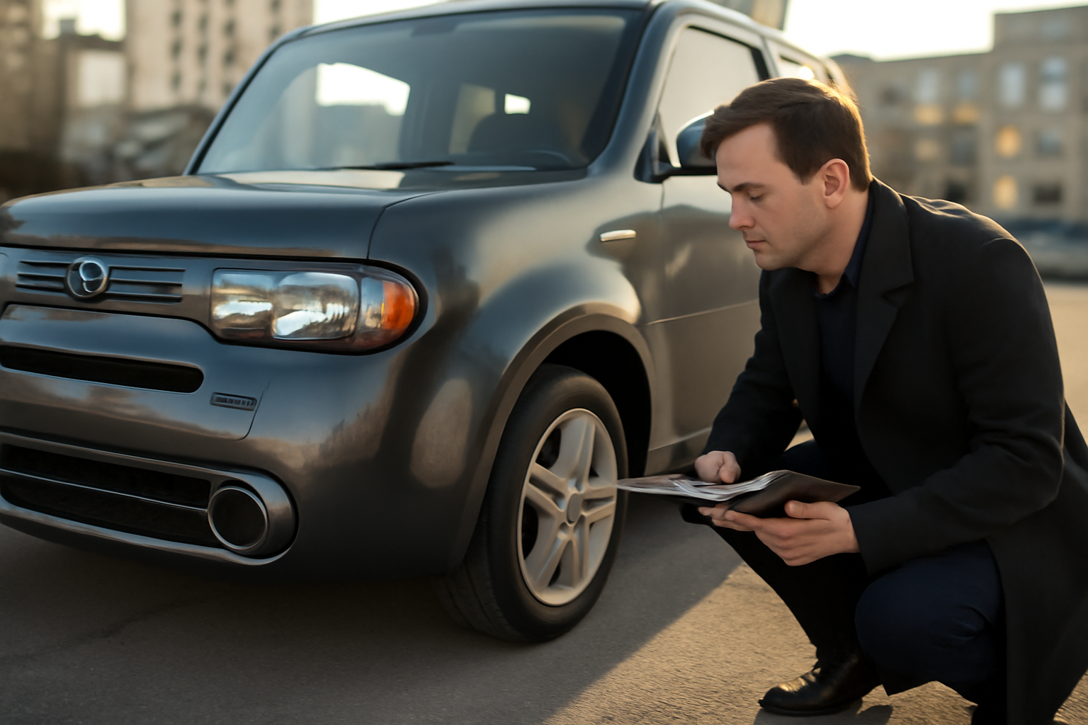 Inspection d’une Nissan Cube d’occasion sur un parking, contrôle des pneus et des freins