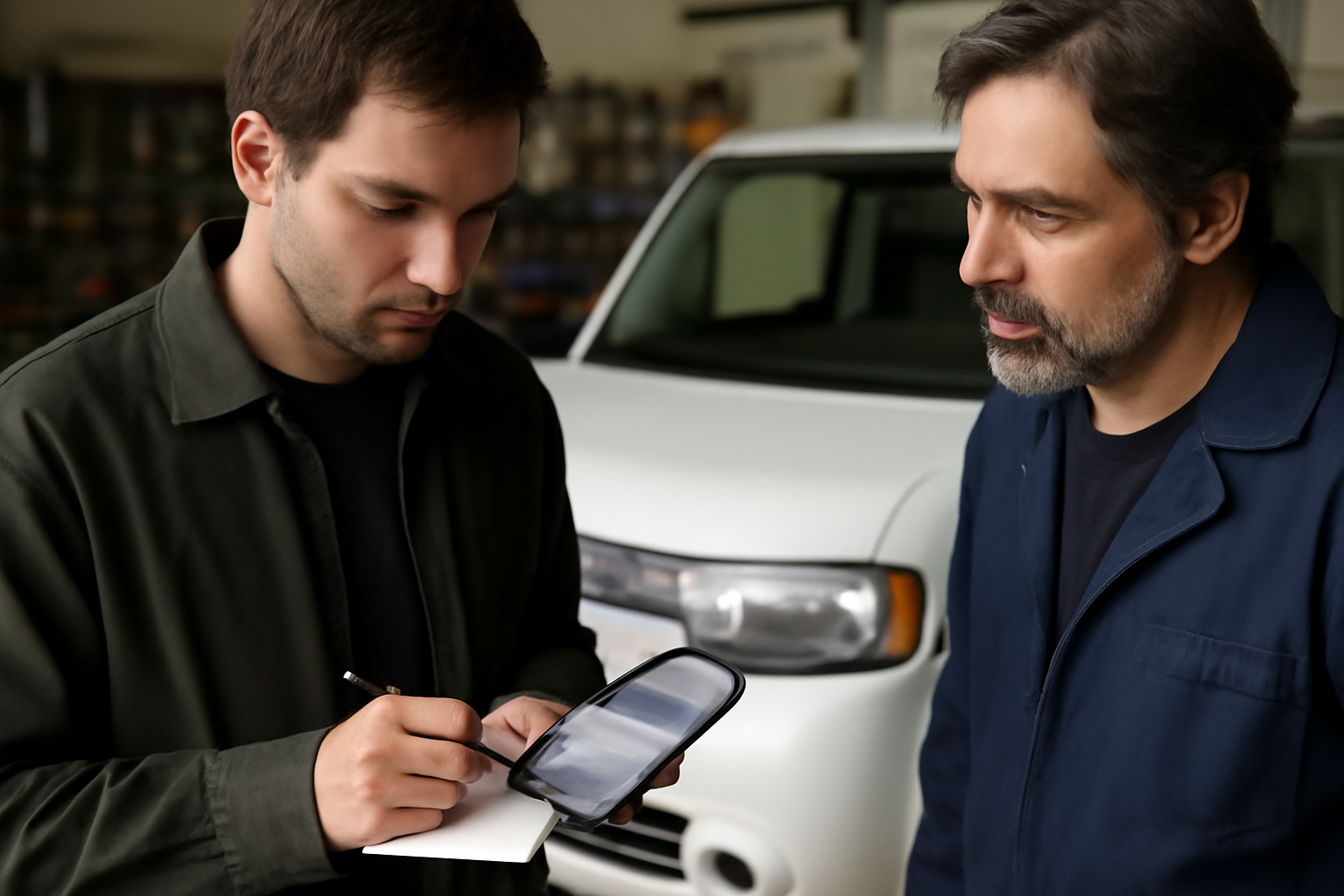 Négociation d’une Nissan Cube d’occasion : prise de notes et inspection des défauts visibles