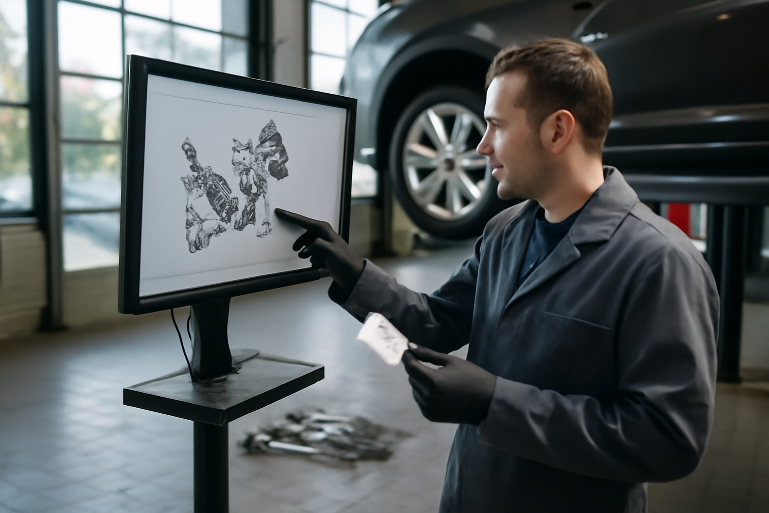 Mécanicien vérifiant une vue éclatée et la référence d’une pièce sur une voiture au garage, lumière naturelle
