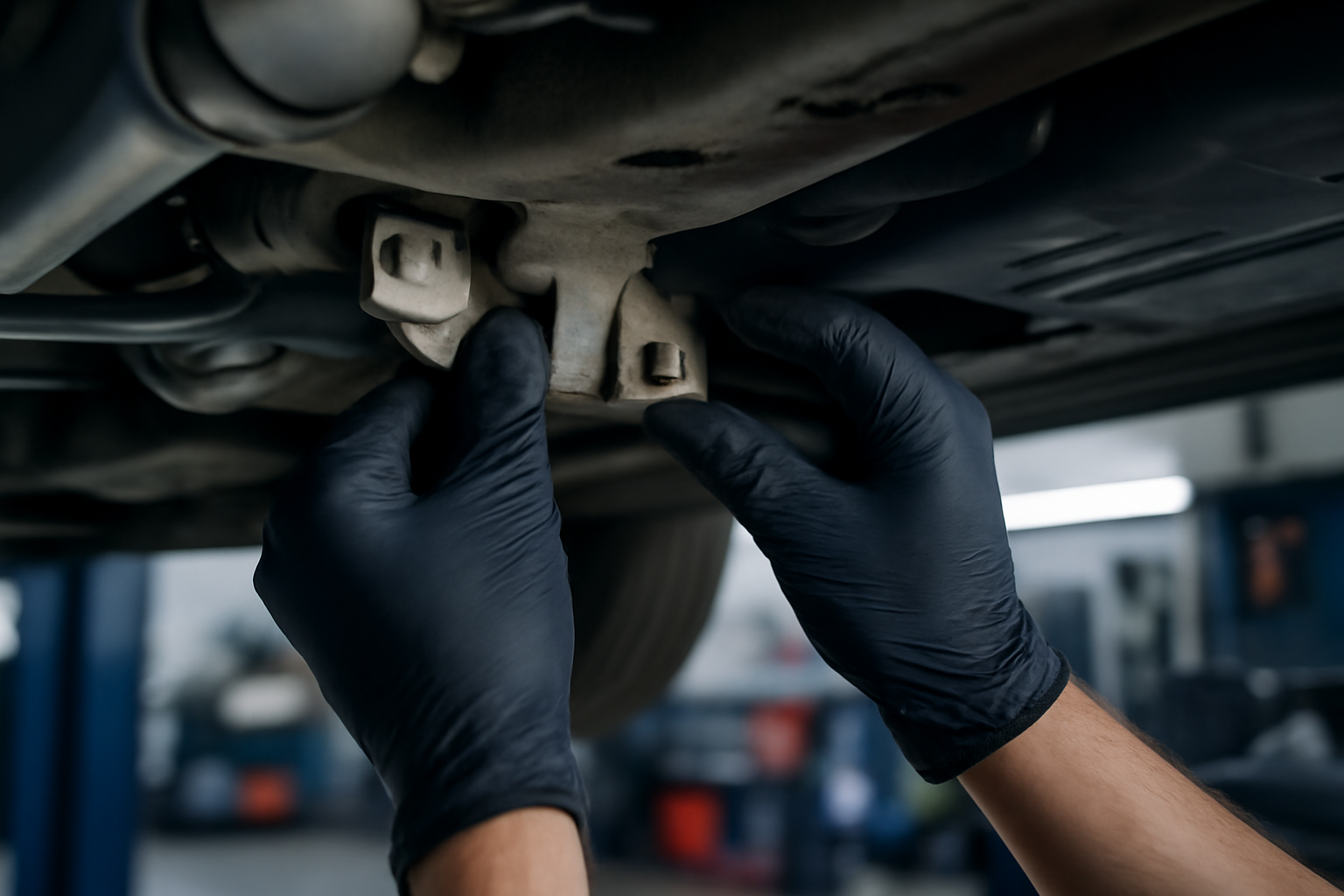 Vue rapprochée de fixations et brides sur une voiture pendant un contrôle mécanique