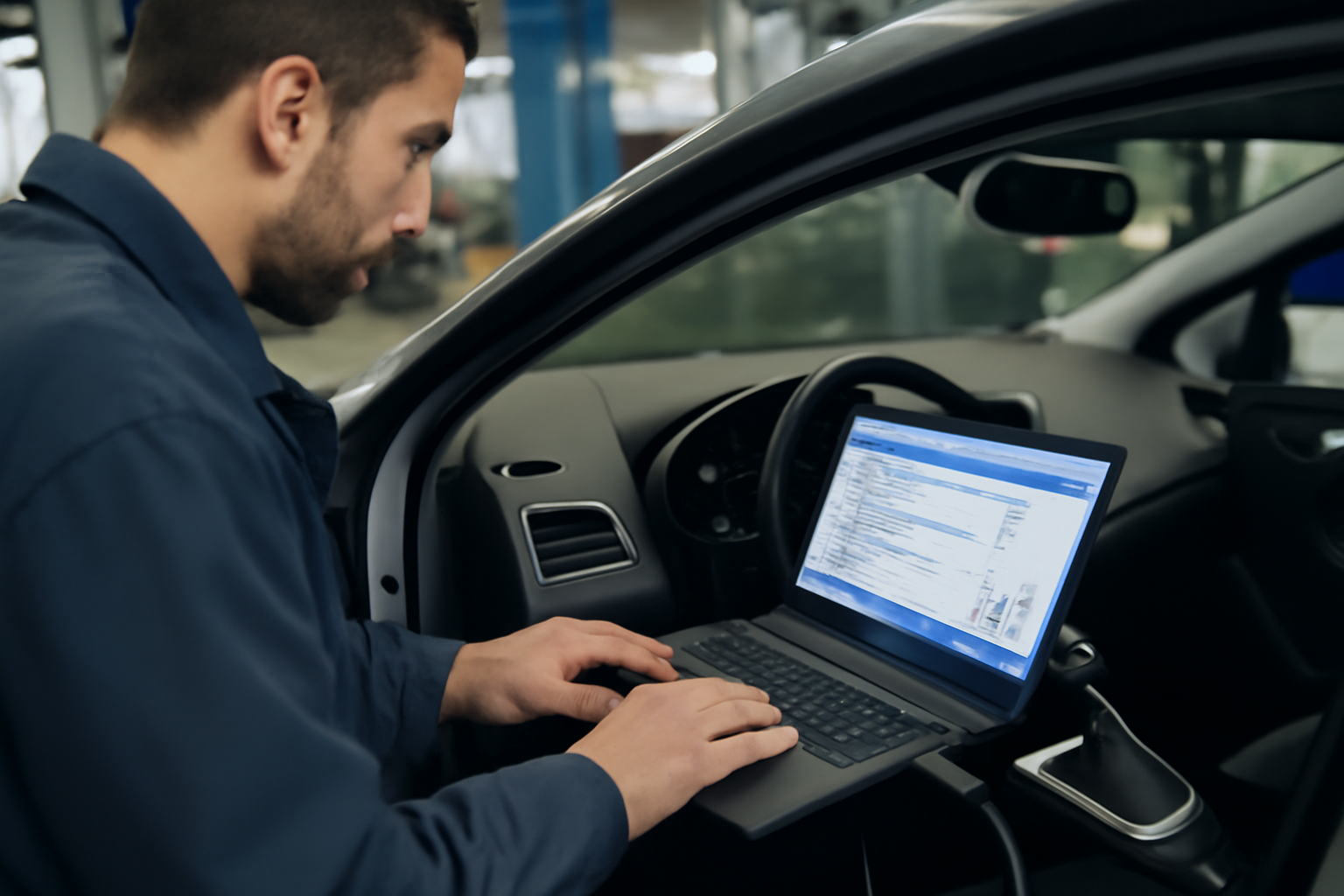 Renolink sur PC Windows avec interface OBD connectée à une Renault dans un garage