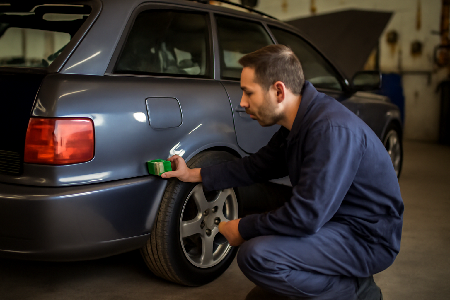 Inspection de bas de caisse et passages de roues d’une Audi RS2 d’occasion, contrôle à la lumière rasante